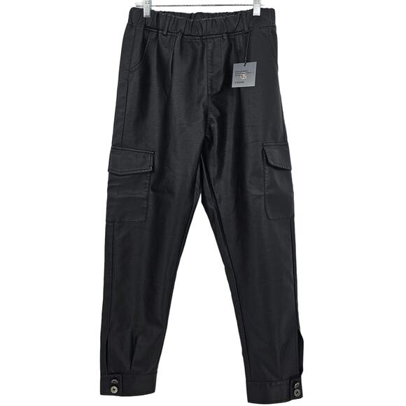 Tagoo Womans size M faux Leather High Waist Cargo Jogger Black Pull-On Pants NEW - Picture 1 of 7